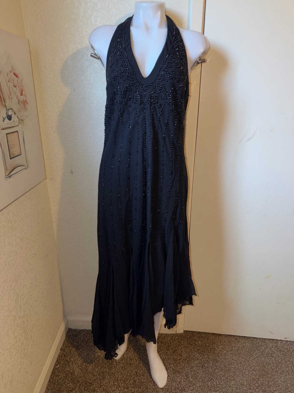 Black Beaded Halter Evening Dress y2k